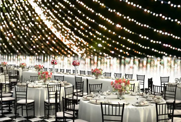 Wedding hall lighting. Wedding occasion, wedding hall decor